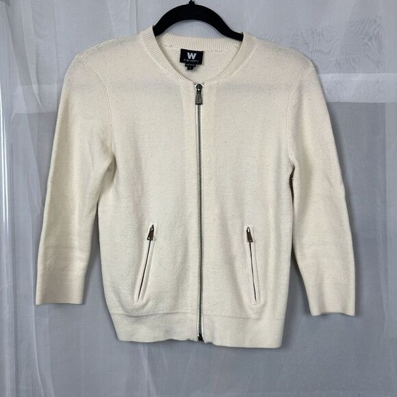 Vintage W by Worth 100% wool zip up sweater SM cream winter luxury preppy pocket - Picture 1 of 7